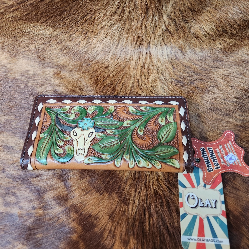 American Darling /Olay Genuine Leather Wallet with Skull and Leaf Design